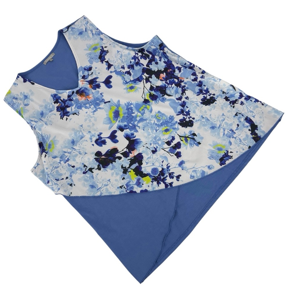 abito Blue and Floral Inverted Wrap Style A-Line Sleeveless Top, 1X